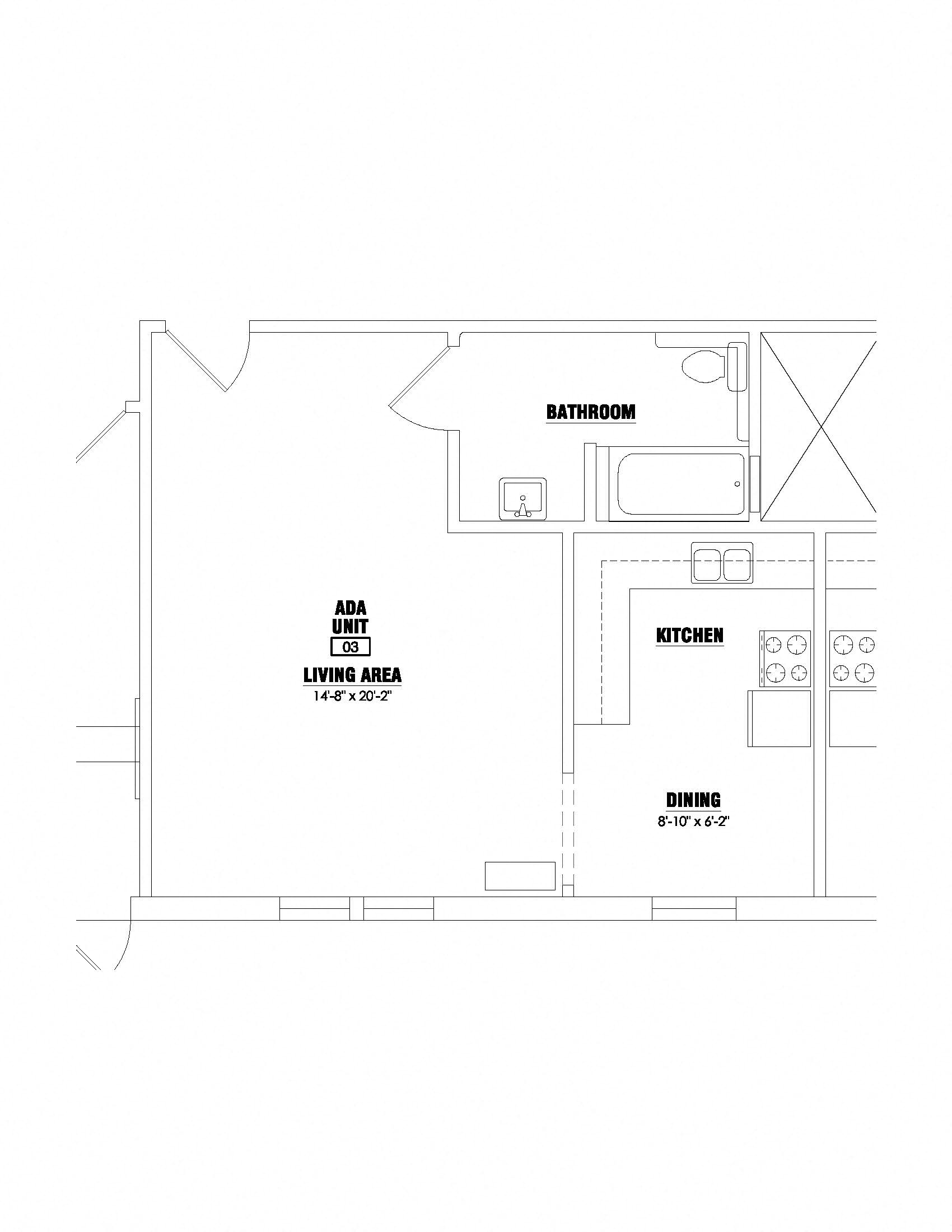 Floor plan for studio, 1 bath, 504 sqft